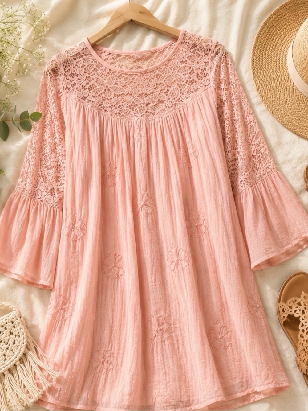Kings Road Dusty Pink Lace Boho Dress Bell Sleeve Cottagecore Romantic Small